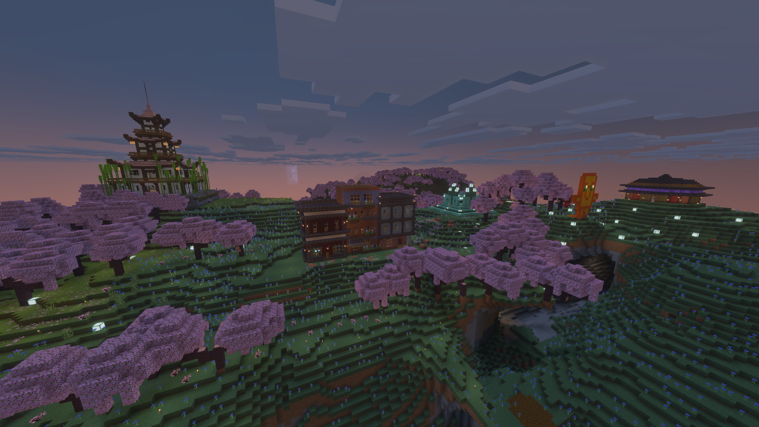 The museum and shopping area, locally known as "Gender Reveal Hill" due to the natural blue and pink color-scheme of the surrounding biomes, located on the Evercraft Chapter Zero Minecraft Realm