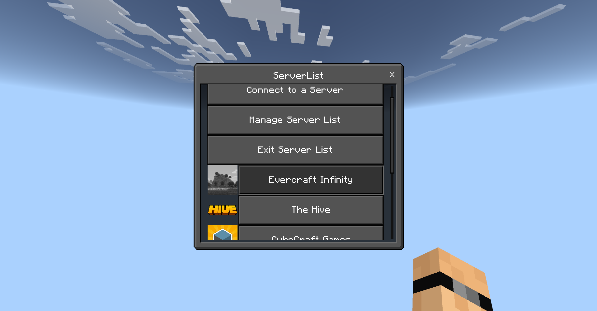 BedrockConnect ServerList screen with Evercraft Infinity