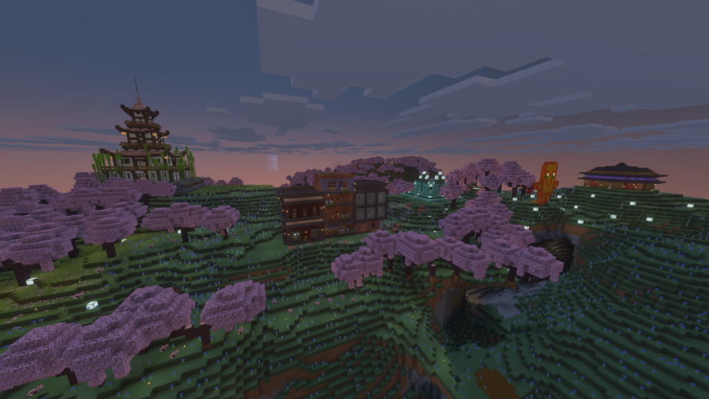 The museum and shopping area, locally known as "Gender Reveal Hill" due to the natural blue and pink color-scheme of the surrounding biomes, located on the Evercraft Chapter Zero Minecraft Realm