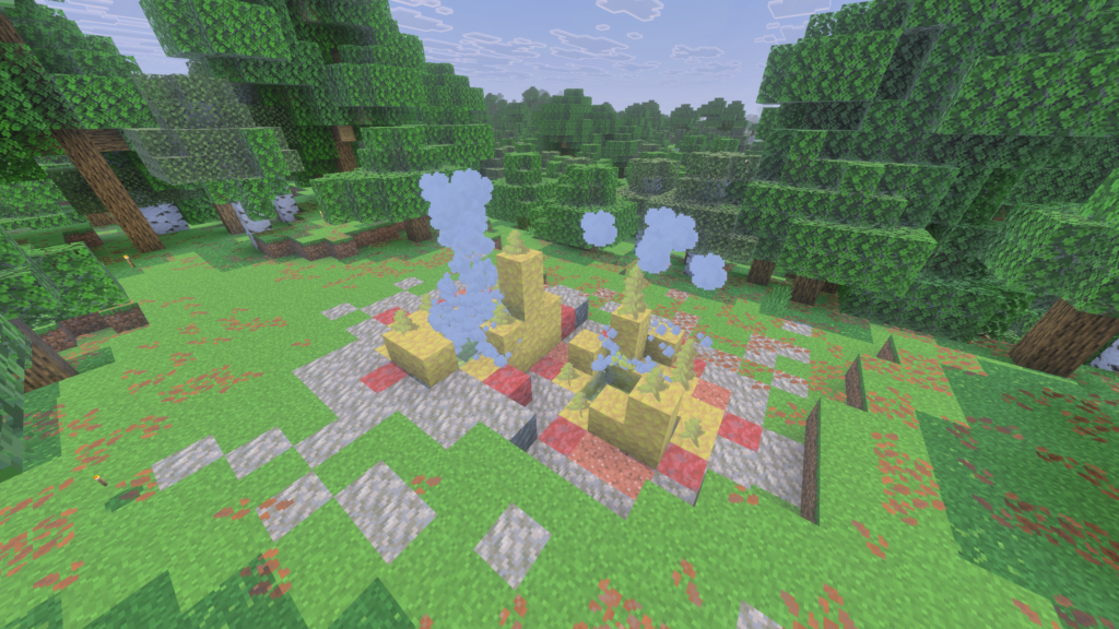 A naturally generated sulfur spring in a forest biome on Minecraft Bedrock edition
