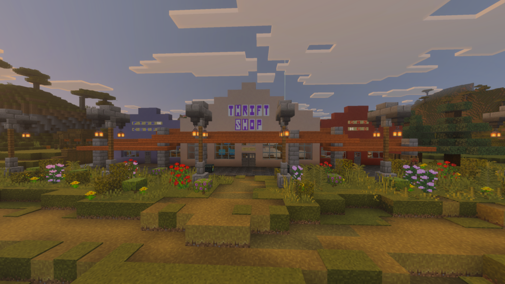 A strip-mall style shopping center on the Evercraft S5 Minecraft Realm