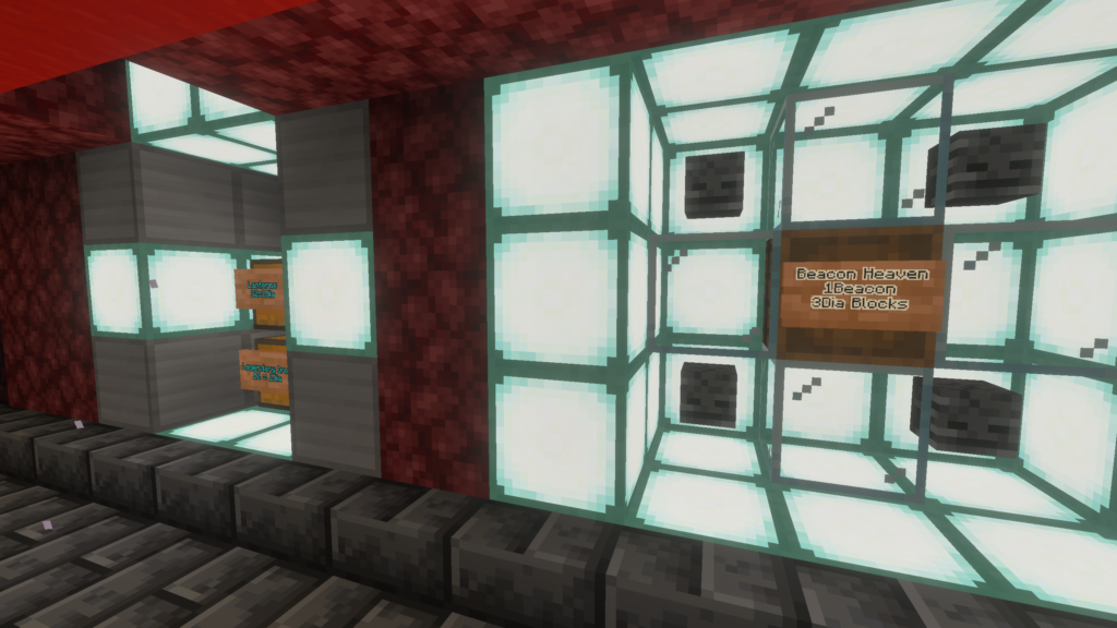 Nether hub shops selling beacons, iron blocks, and more on the Evercraft S5 Minecraft Realm