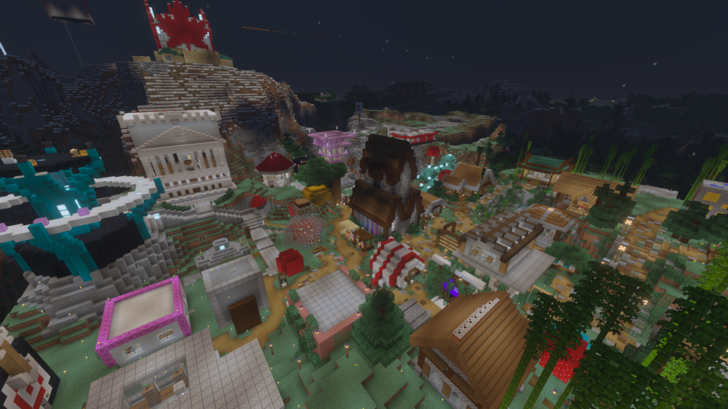 An aerial screenshot of the shopping district in the Evercraft v2 Minecraft Realm