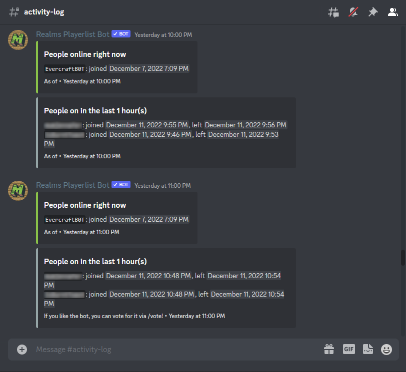 Discord activity log using Realms Playerlist Bot