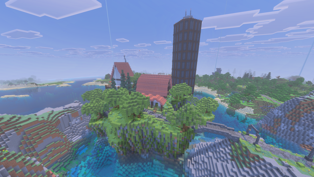 HalfMacaroon's lush cliff-side base on the Evercraft Summer Season Minecraft server