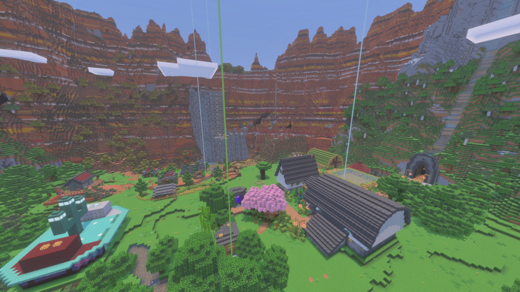 The starting spawn area inhabited by HalfMacaroon, SilenceTyire, E Bo Placebo, and Nerdistheword24 on the Evercraft Chapter One Minecraft Realm