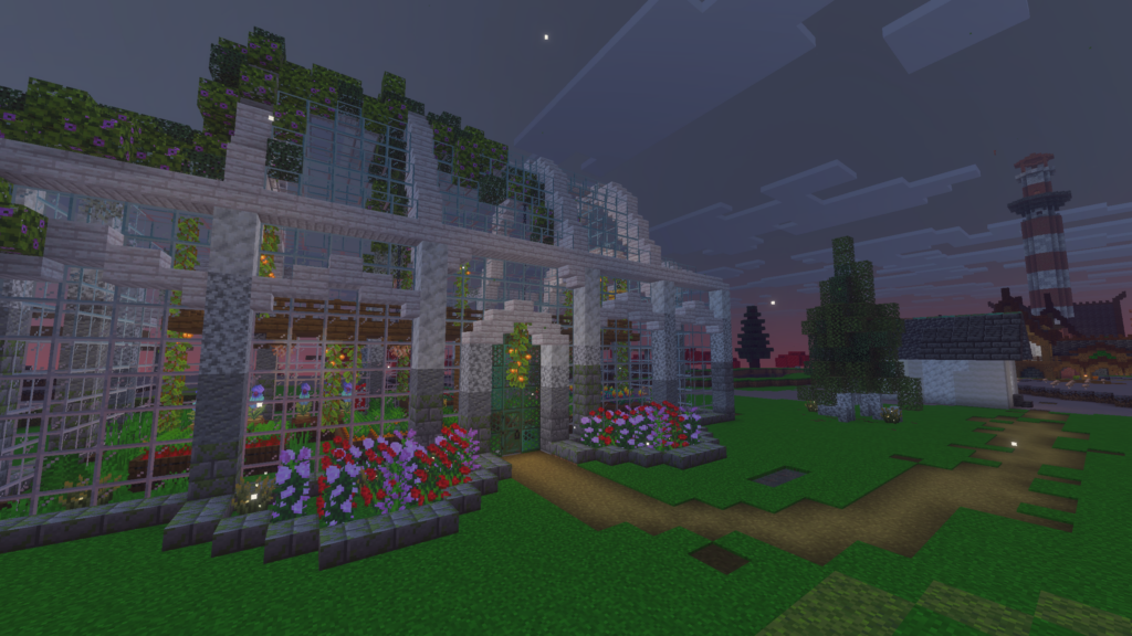 Evercraft Infinity screenshot of a greenhouse, with a lighthouse on the horizon.